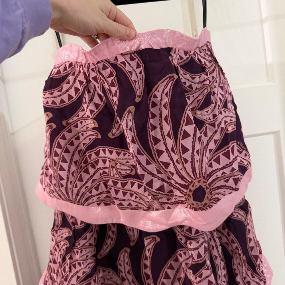 Farm Rio Burgundy Bananada Pink Print Strapless Tiered Maxi Dress Small Boho NWT - Picture 3 of 9
